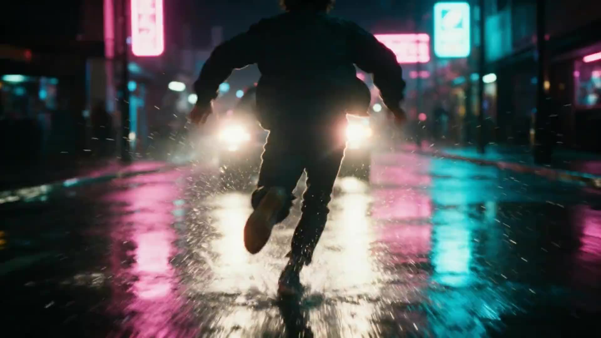 An action film still: a figure running through a neon-lit street in the rain