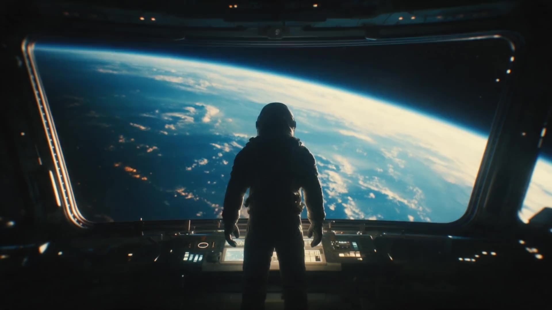A science fiction film still: an astronaut at the window of an orbital station above Earth