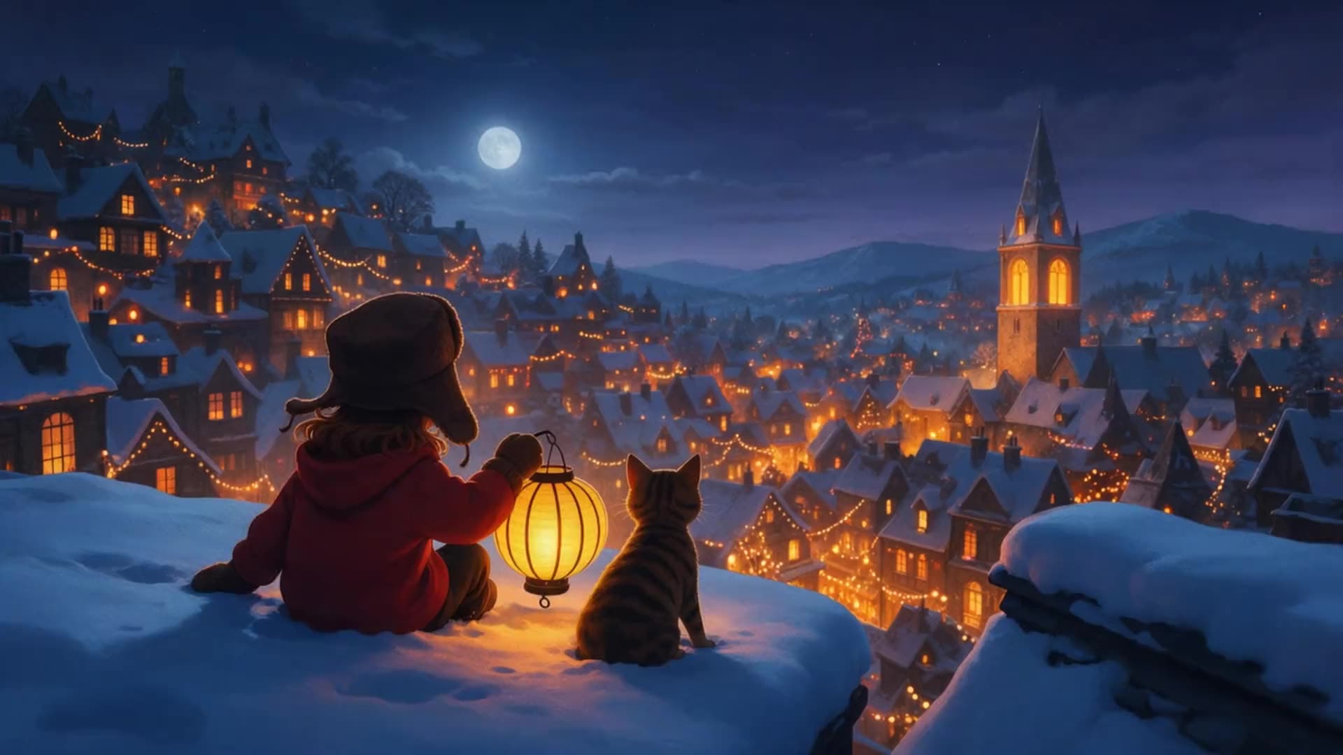 An animated film still: a child with a lantern on a snowy rooftop above a lit town