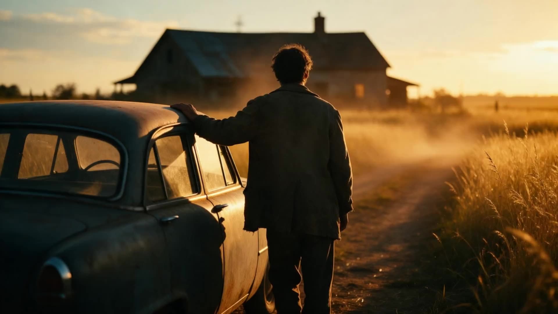 A drama film still: a man beside an old car on a dirt road at sunset